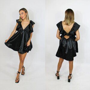Mable Black Ruffle V-Neck Bow Back A-Line Mini Dress